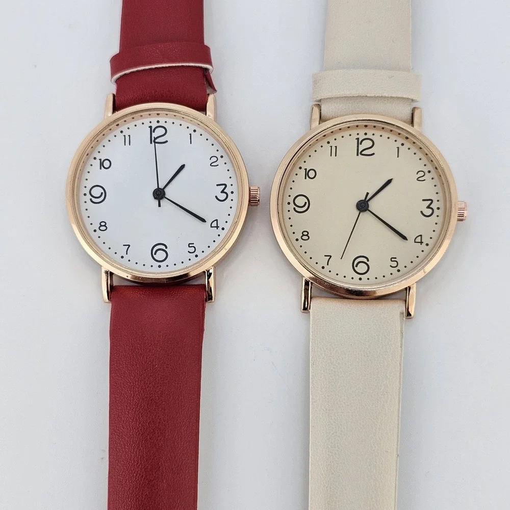 2X Women's‎ Watch 36MM White Cream Dial Red Cream Faux Leather Bands NEW Battery